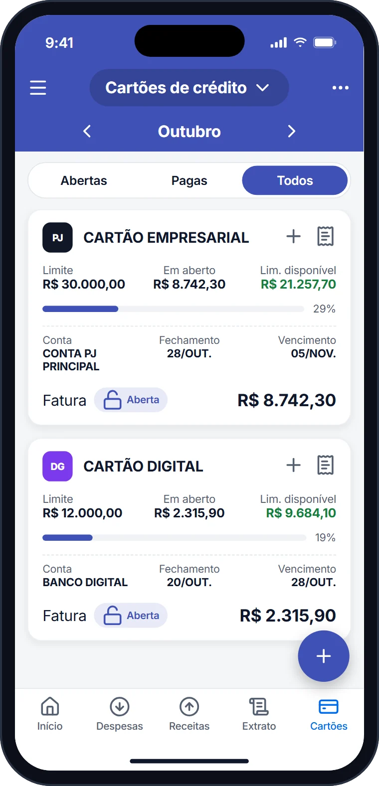 Cartões de crédito da empresa com limite, fatura aberta, fechamento e vencimento no aplicativo Falcon Finanças