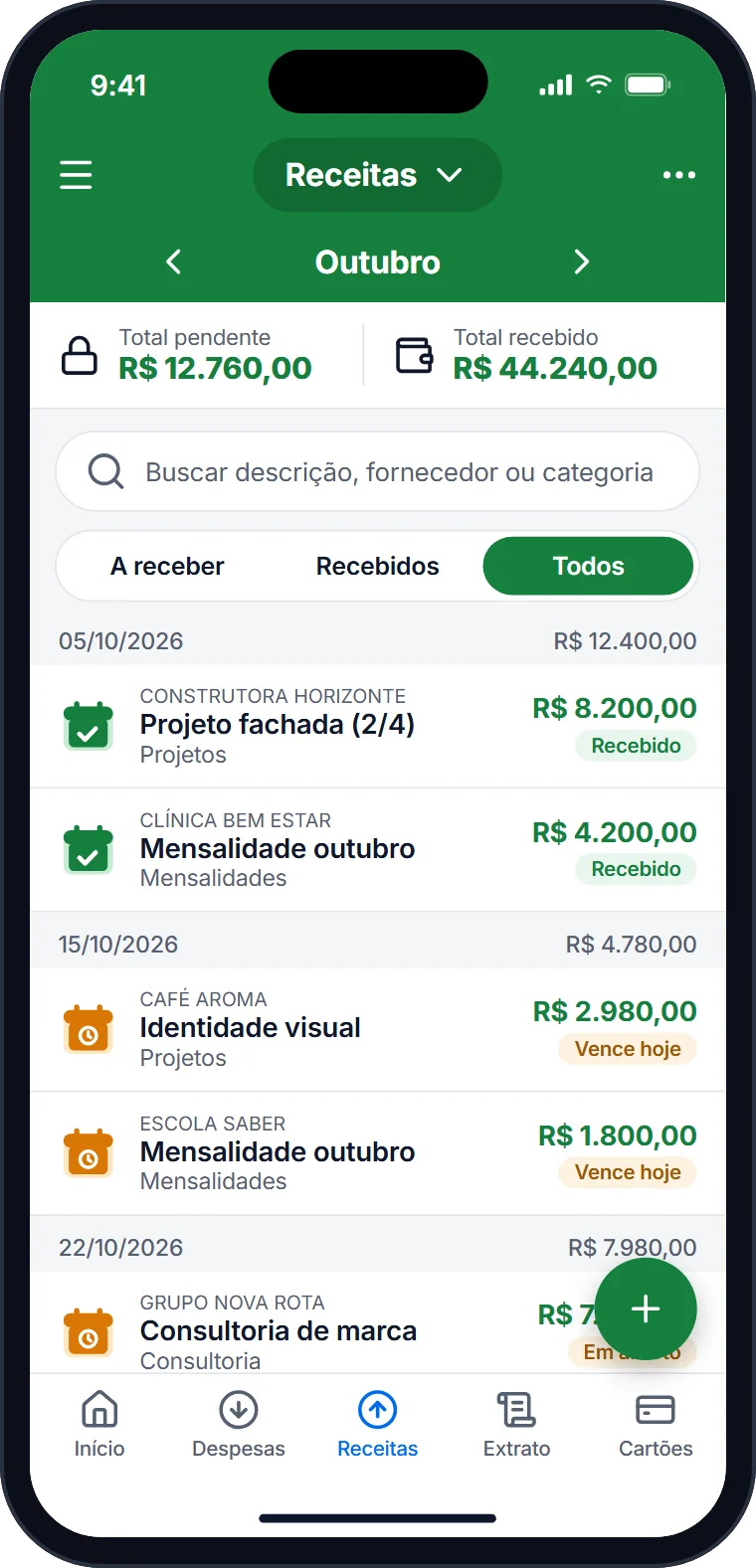 Contas a receber do mês no aplicativo Falcon Finanças com recebimentos em aberto e recebidos