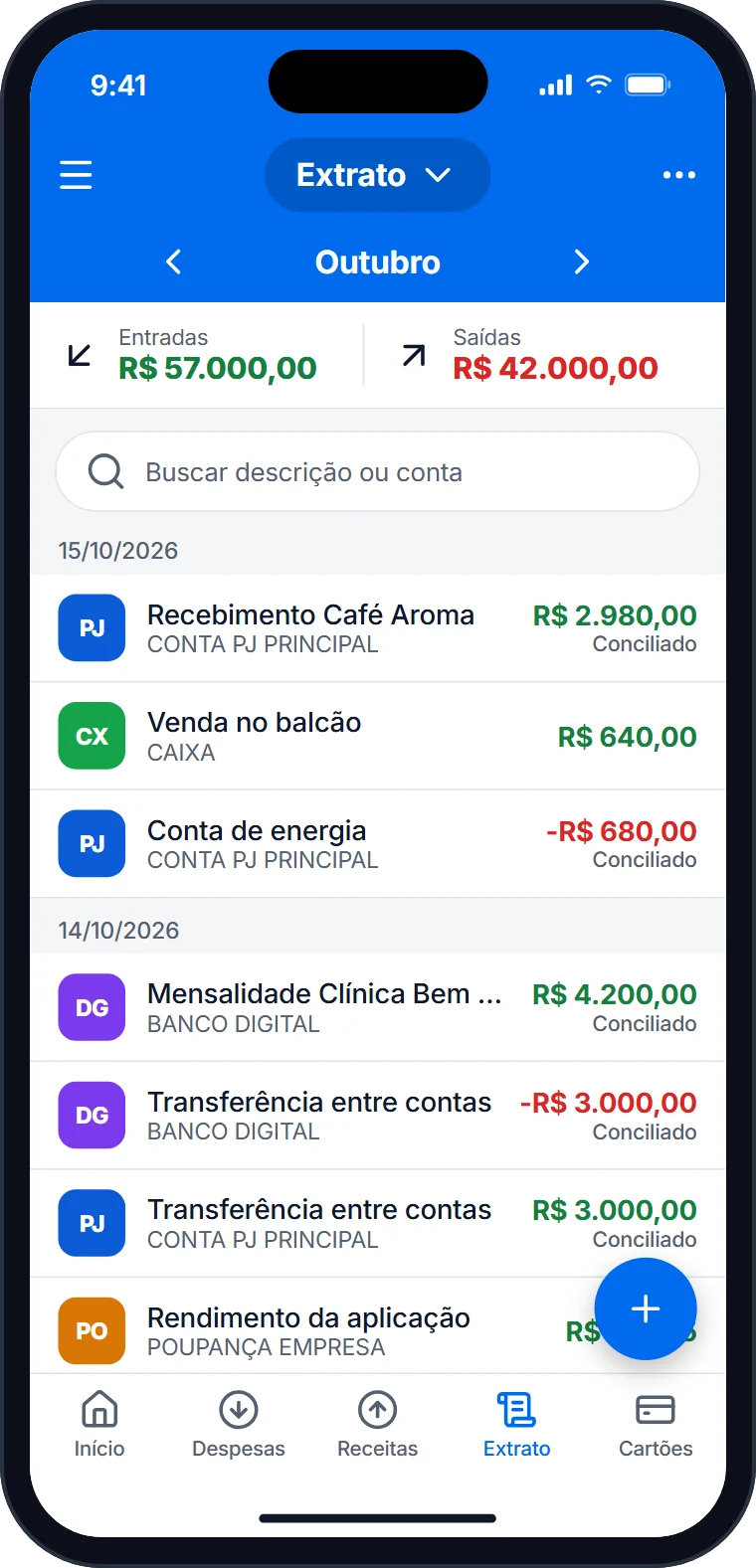 Extrato com entradas e saídas por conta e movimentos conciliados