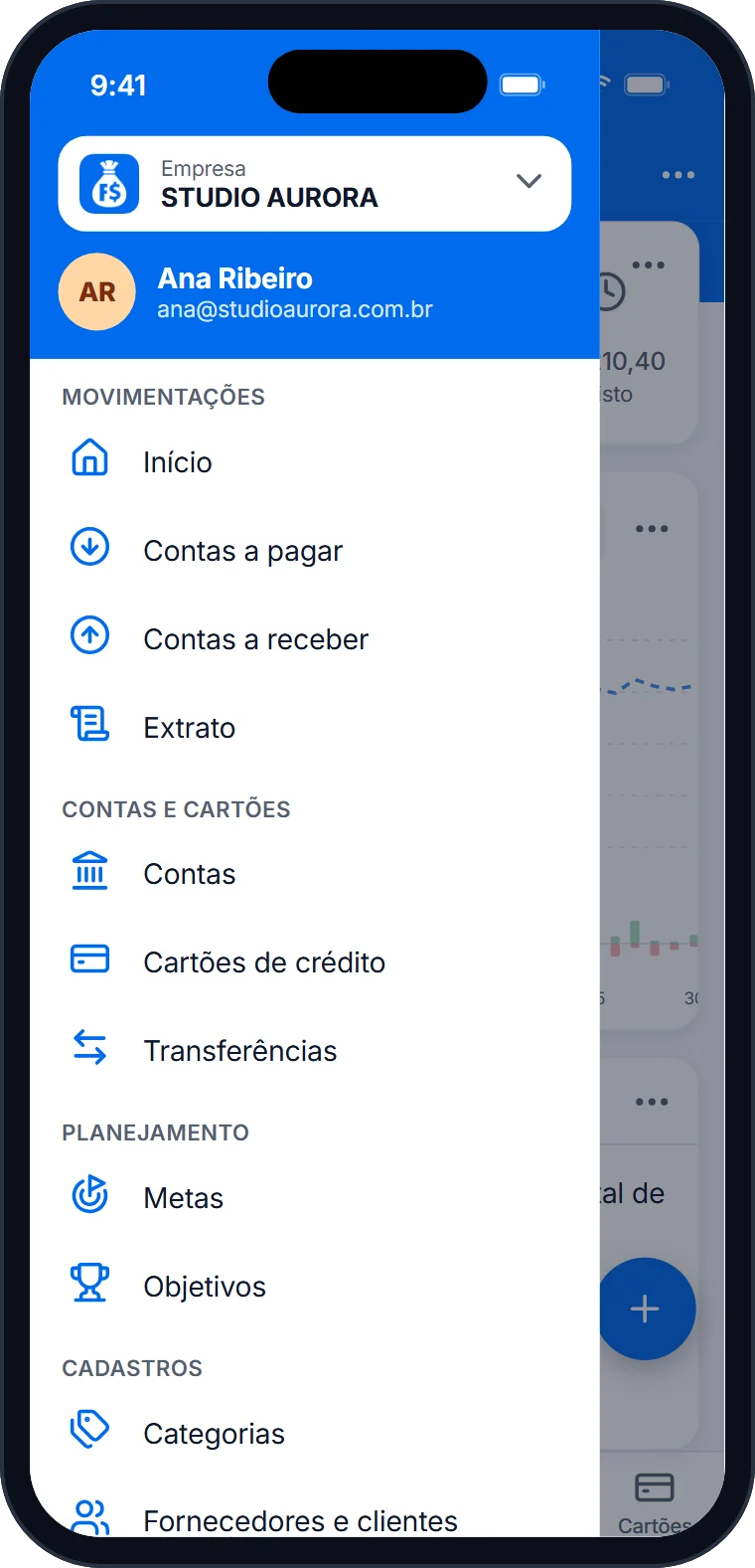 Menu do aplicativo Falcon Finanças com a troca de empresa, contas a pagar e receber, contas, cartões e cadastros