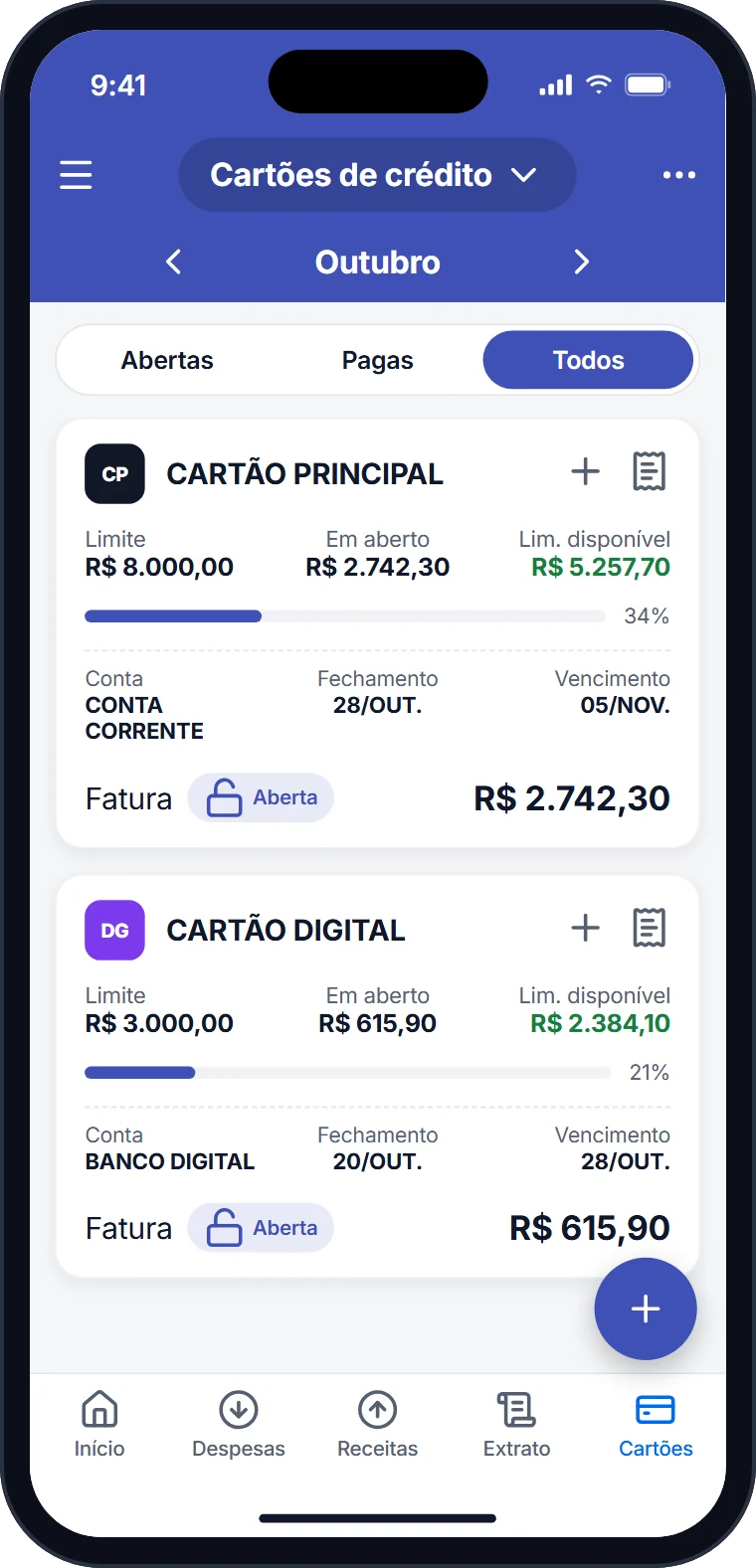 Cartões de crédito com limite, fatura aberta e vencimento