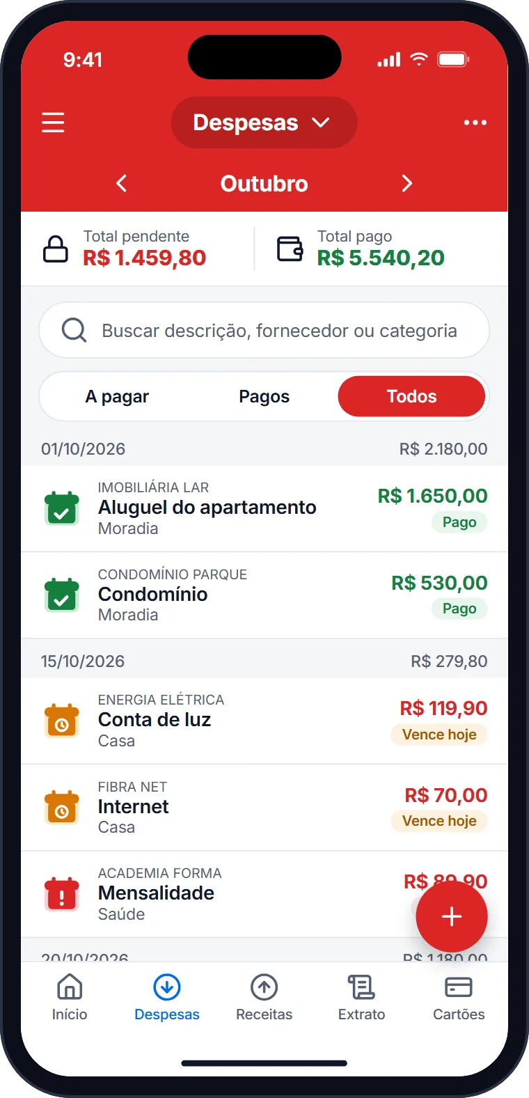 Contas da casa do mês com as situações vencida, vence hoje e pago