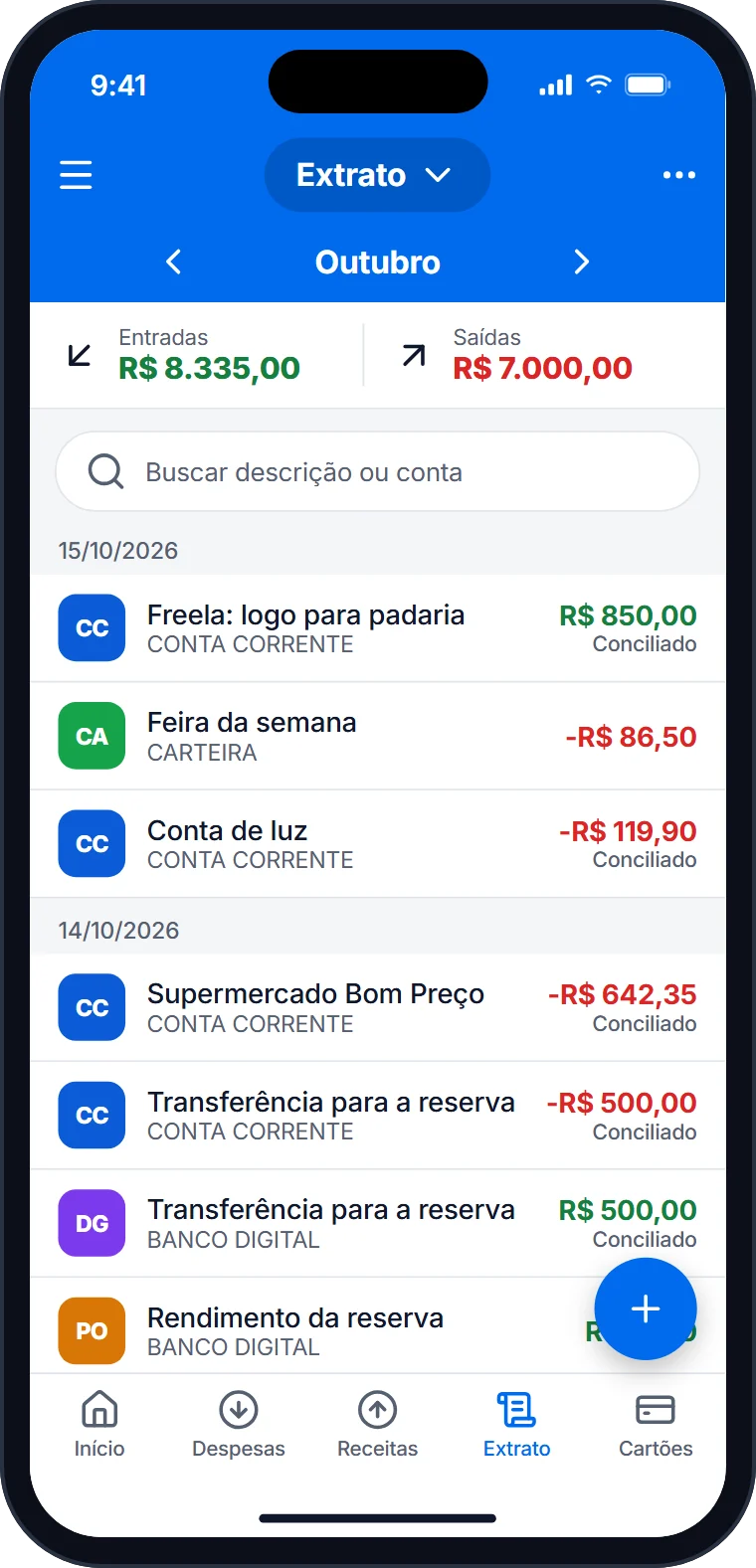 Extrato pessoal com entradas e saídas da conta corrente, carteira e reserva