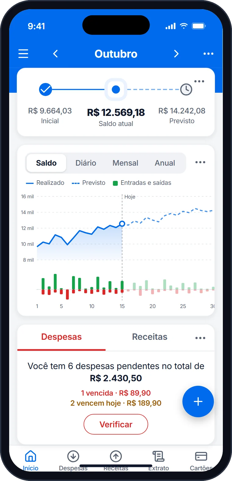 Início do aplicativo com o saldo pessoal inicial, atual e previsto e o gráfico do mês