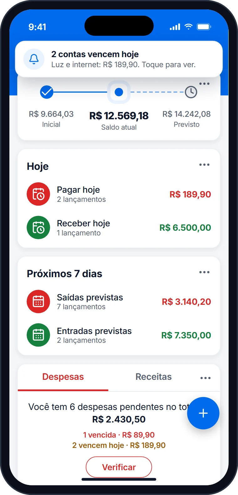 Lembretes de vencimento do aplicativo Falcon Finanças pessoal