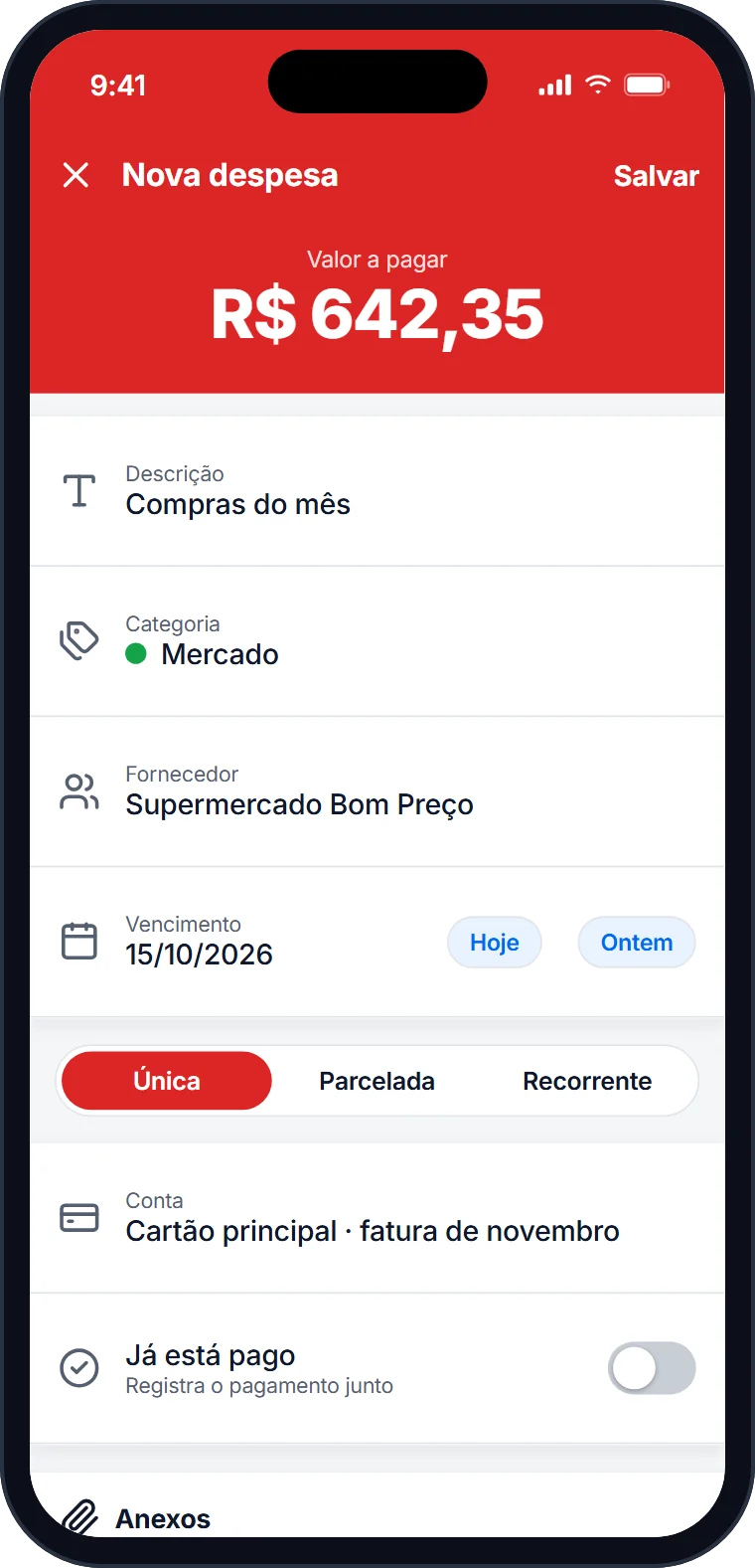 Cadastro de uma compra no mercado com categoria, local e cupom fiscal anexado