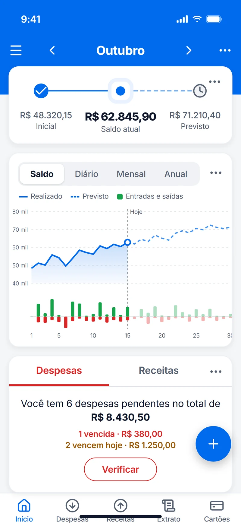 Início do aplicativo Falcon Finanças com saldo atual, previsto e o gráfico do mês