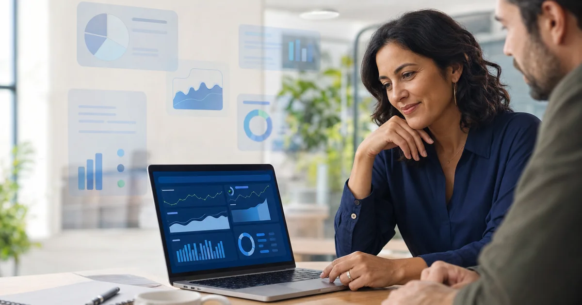 Empresários avaliando um painel de controle financeiro online