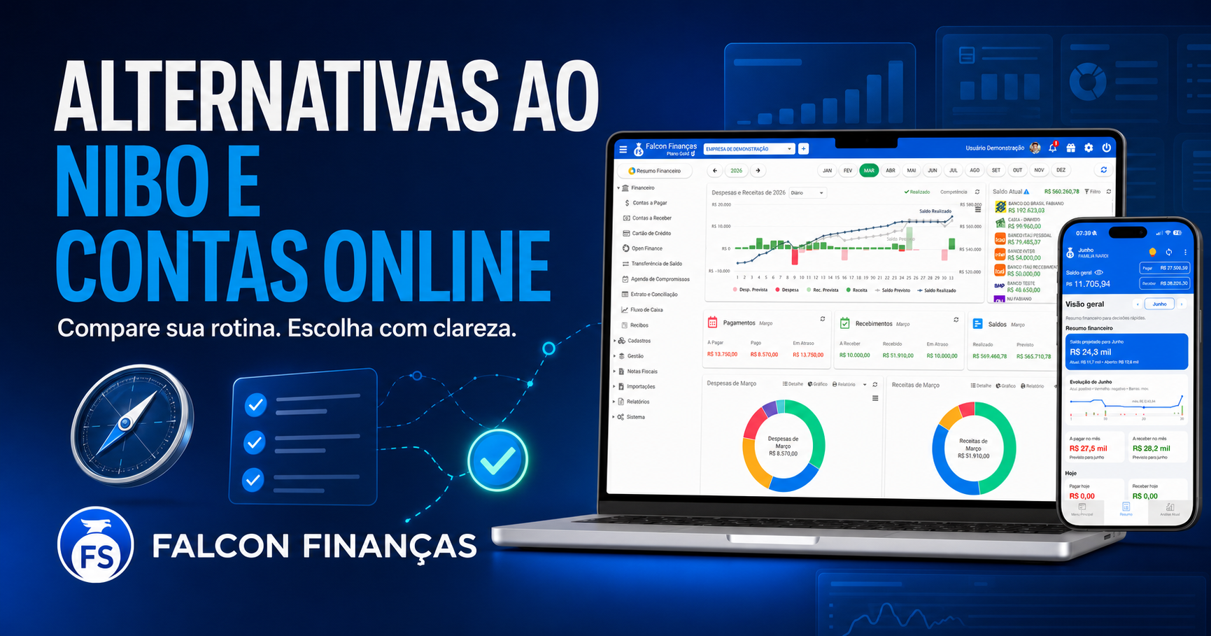 Alternativa ao Nibo com painel web e aplicativo Falcon Finanças