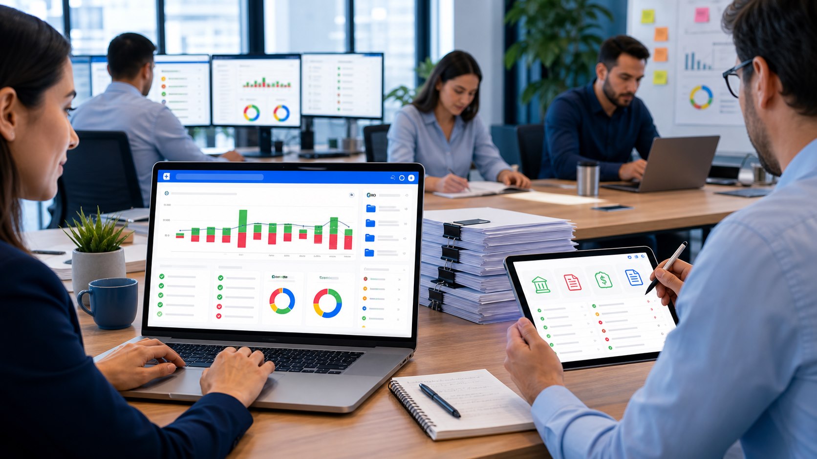 Sistema para BPO financeiro com equipe acompanhando clientes, contas, documentos e relatórios
