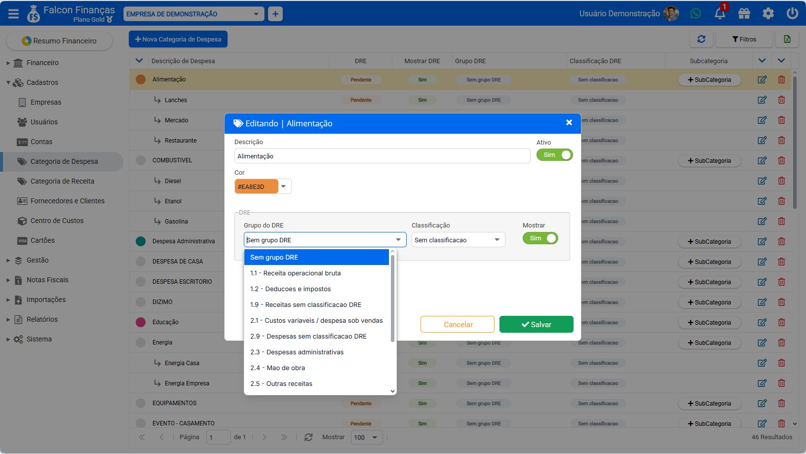 Configuração de categorias financeiras com grupo e classificação do DRE no Falcon Finanças