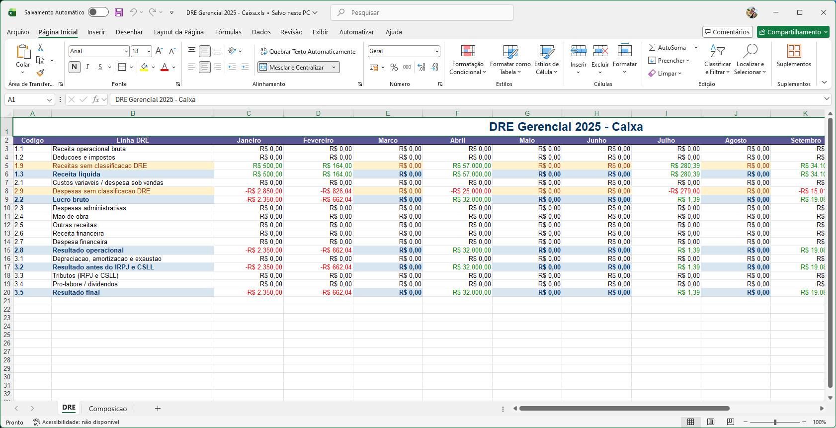 Planilha exportada do DRE Gerencial do Falcon Finanças no Excel
