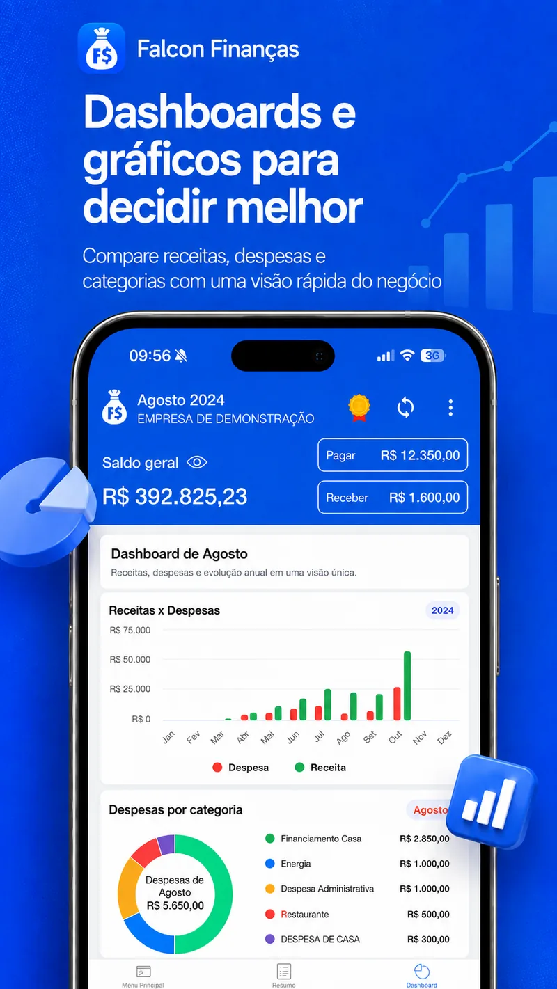 Dashboard do aplicativo Falcon com receitas, despesas e categorias