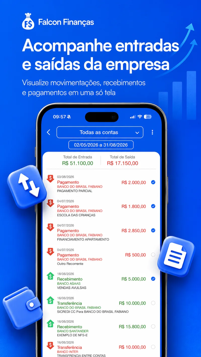 Entradas e saídas no aplicativo Falcon Finanças com pagamentos, recebimentos e transferências