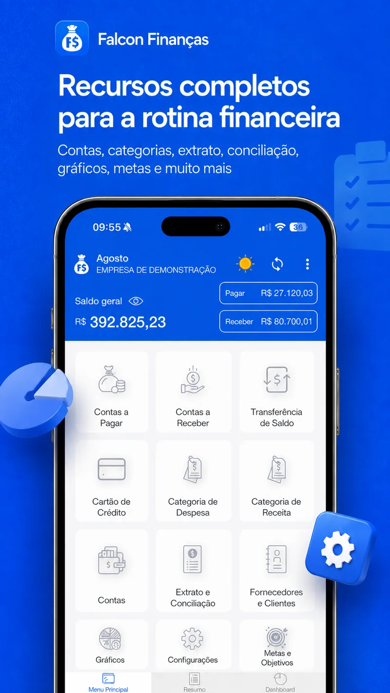 Menu do aplicativo Falcon Finanças com contas, categorias, extrato, gráficos, fornecedores e configurações