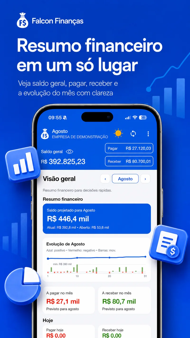 Aplicativo Falcon Finanças mostrando resumo financeiro, saldo, contas a pagar e receber e evolução mensal