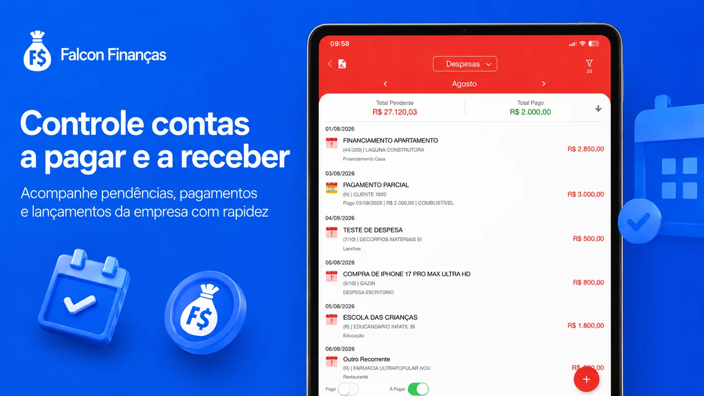 Falcon Finanças em tablet mostrando despesas, vencimentos, valores pendentes e pagos