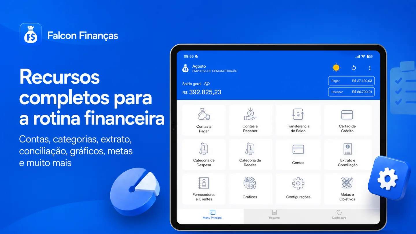 Falcon Finanças em tablet com atalhos para contas, categorias, extrato, gráficos, fornecedores e metas