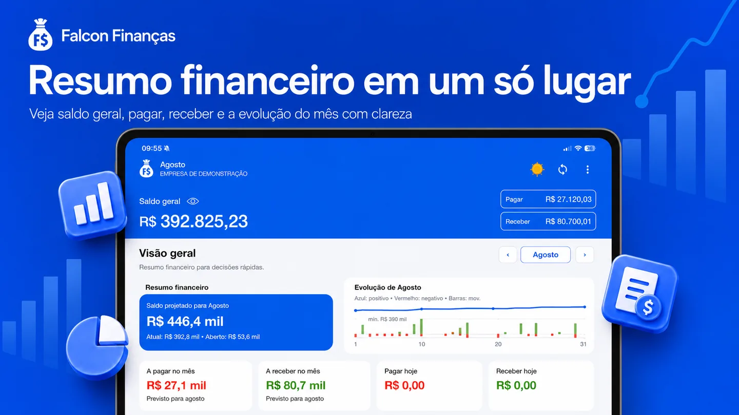 Resumo financeiro do Falcon Finanças em tablet com saldo geral, contas a pagar e receber e evolução do mês