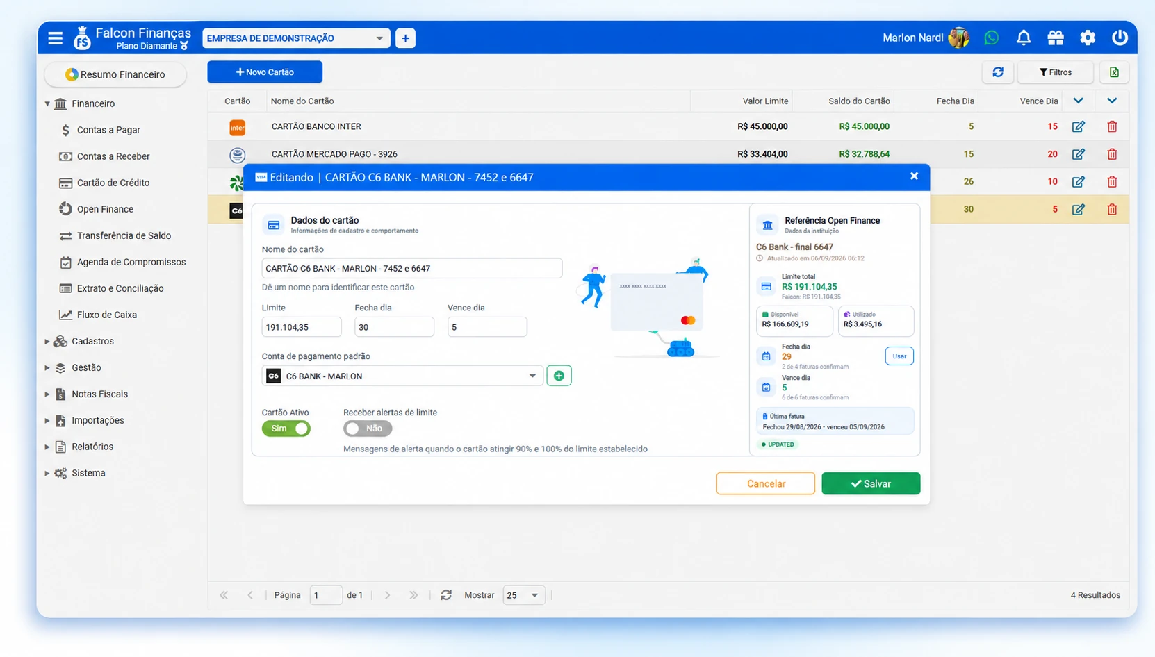 Cadastro de cartão do Falcon Finanças com limite e referência sincronizada pelo Open Finance