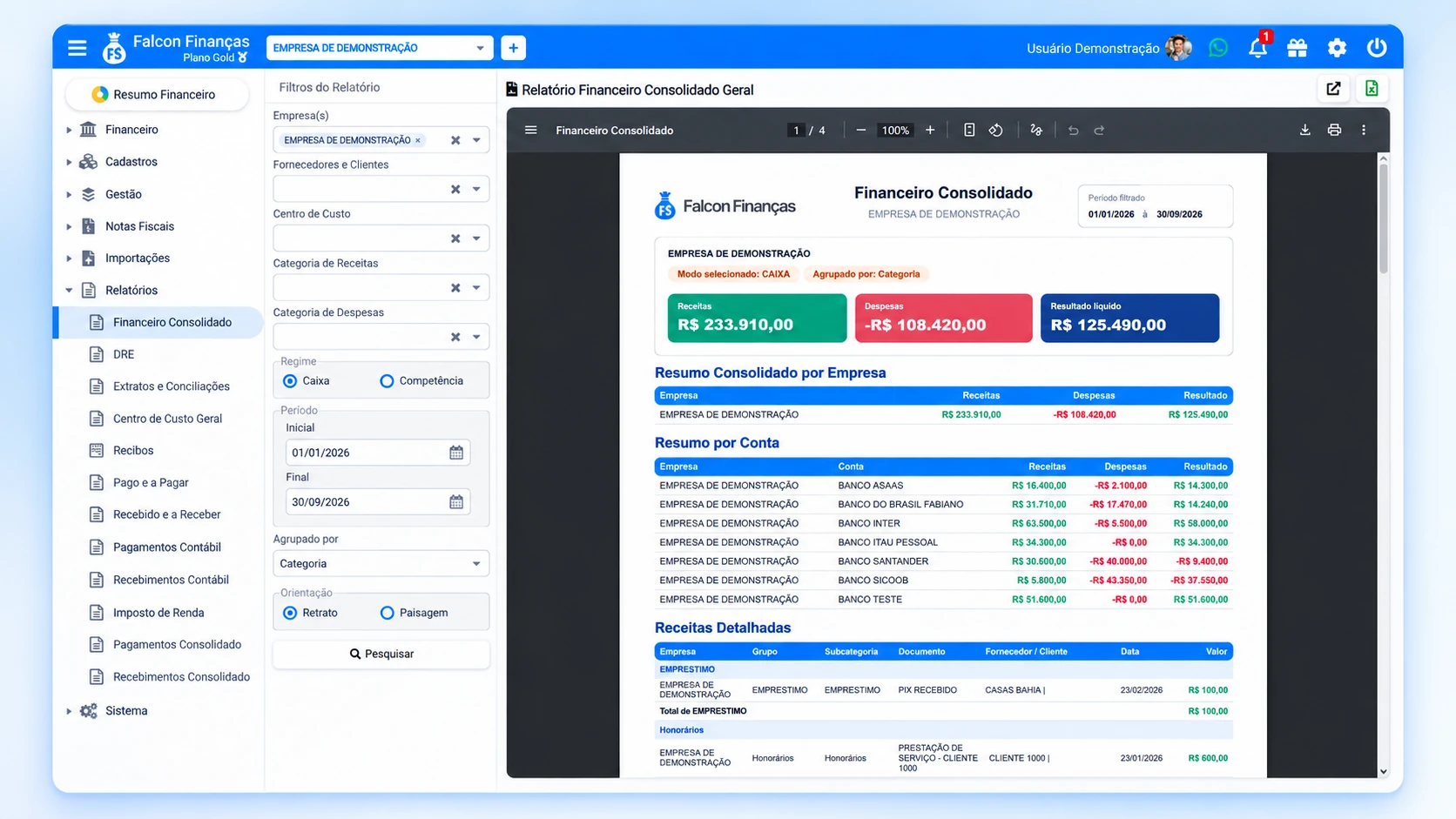 Relatório financeiro consolidado do Falcon Finanças com receitas, despesas e resultado líquido