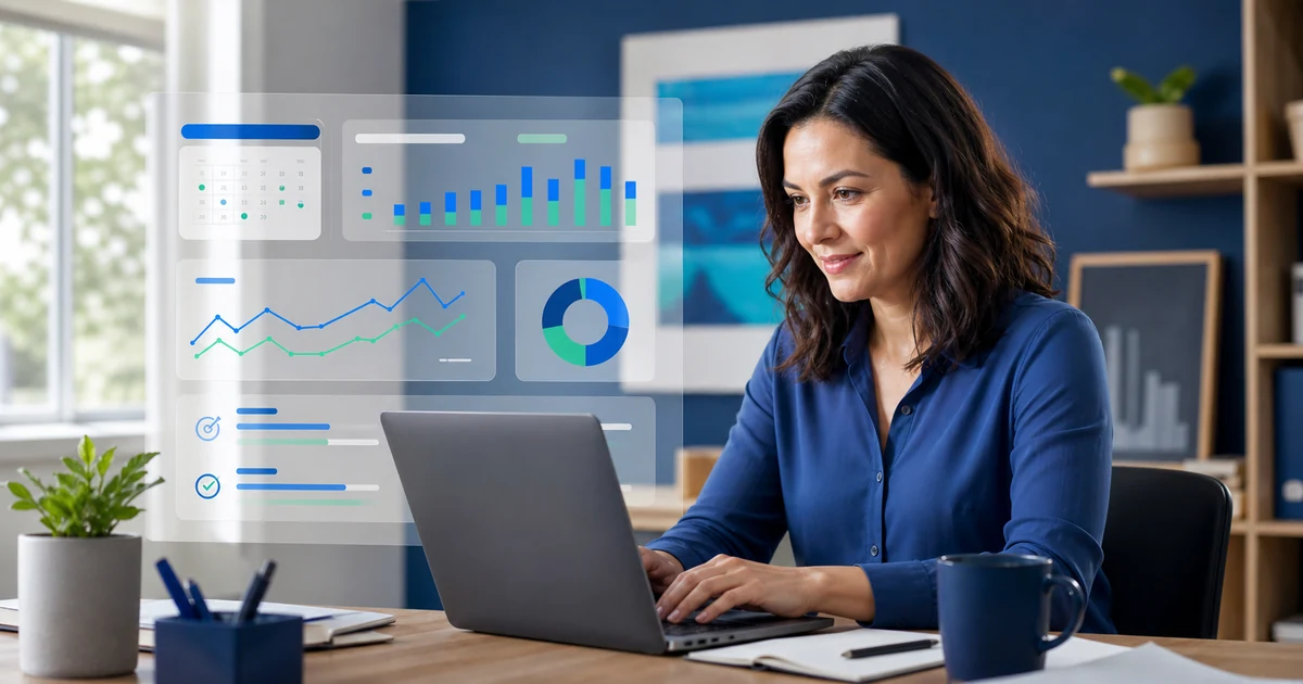 Gestora analisando orçamento, metas e fluxo de caixa em um painel financeiro