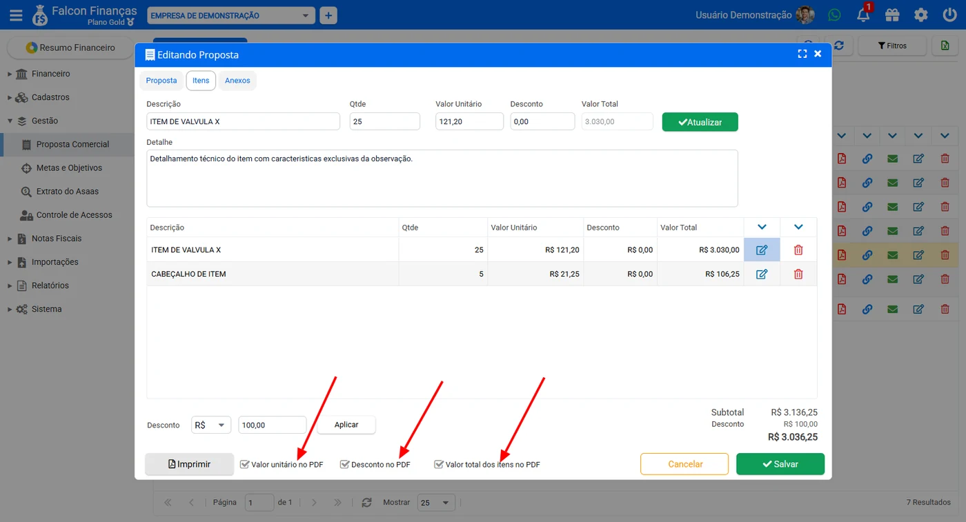Edição dos itens da proposta com opções de valores exibidos no PDF