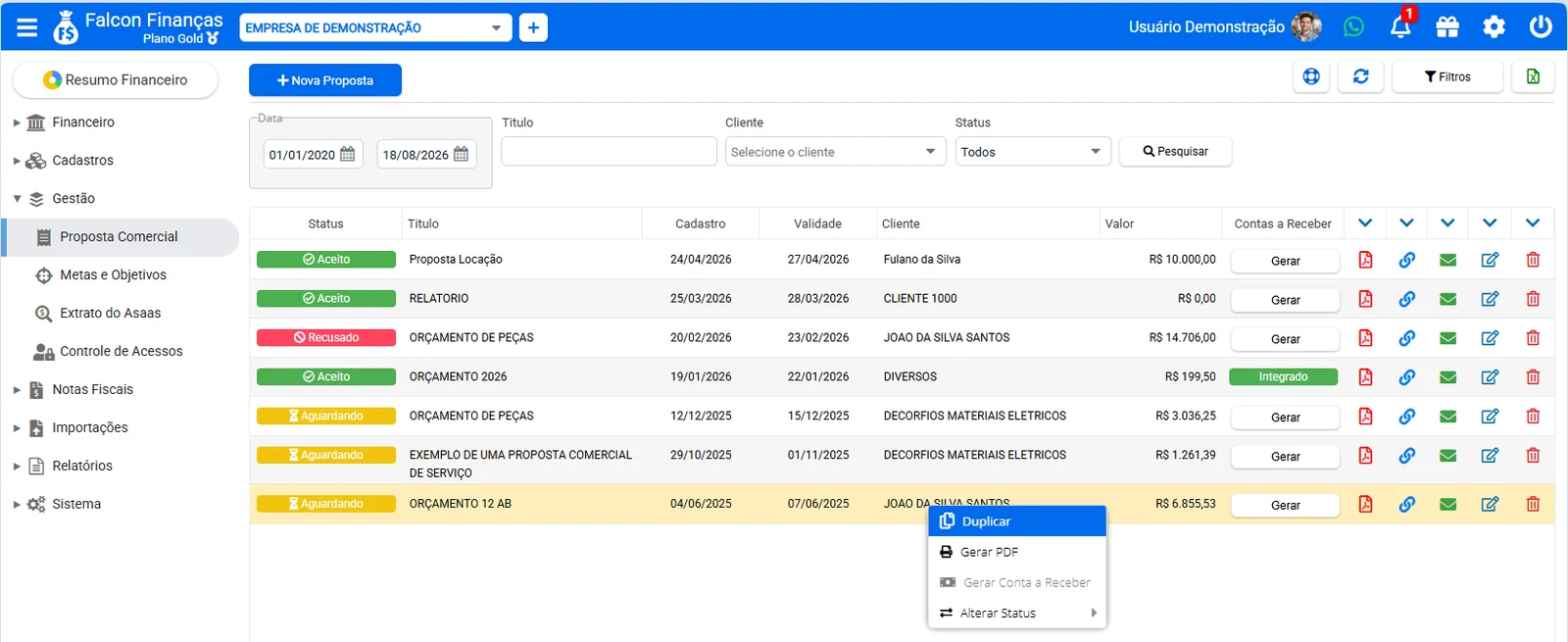Painel do Falcon Finanças com propostas, filtros, status e ações