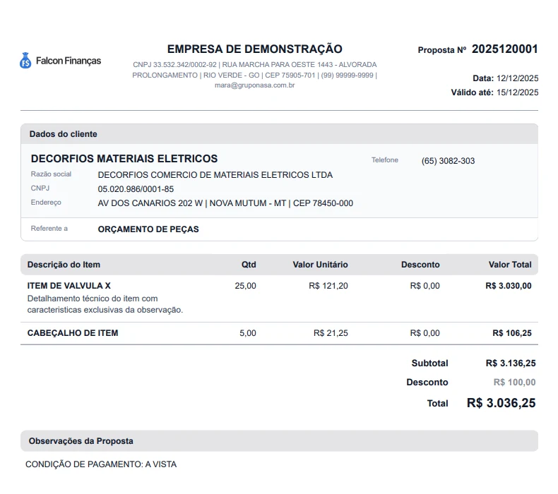 Exemplo de proposta comercial em PDF gerada pelo Falcon Finanças