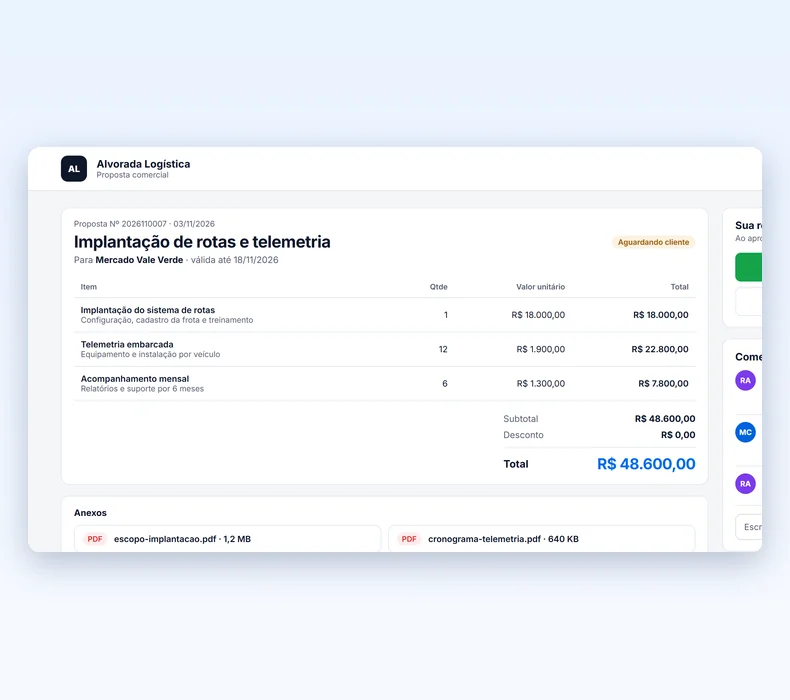 Exemplo de proposta comercial em PDF gerada pelo Falcon Finanças
