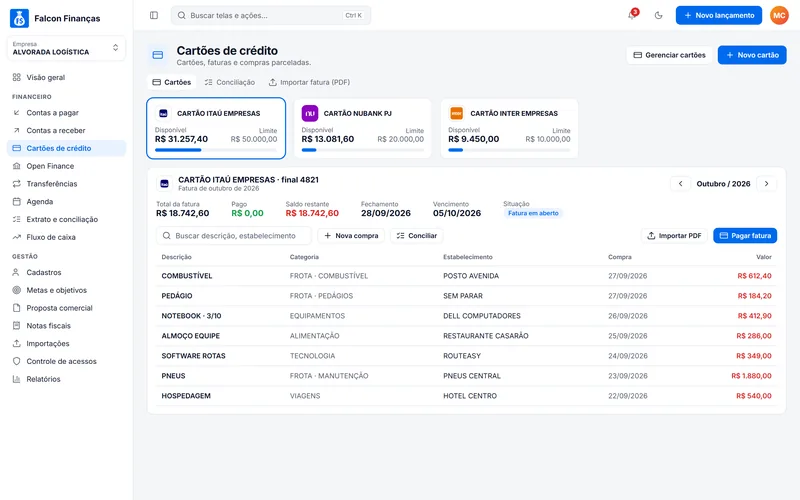 Cartões e faturas no Falcon Finanças 3.0 (dados de demonstração)