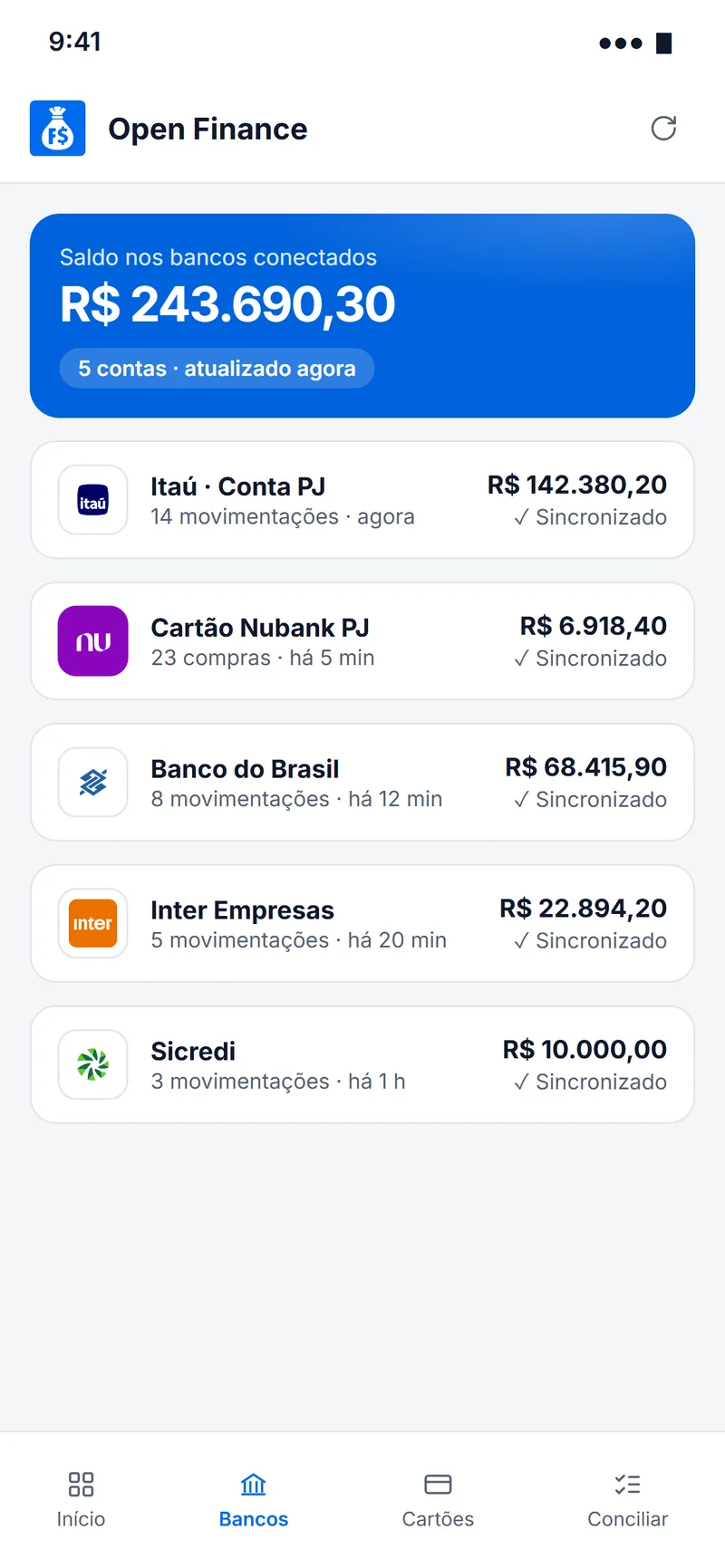 Aplicativo Falcon Finanças com contas conectadas pelo Open Finance