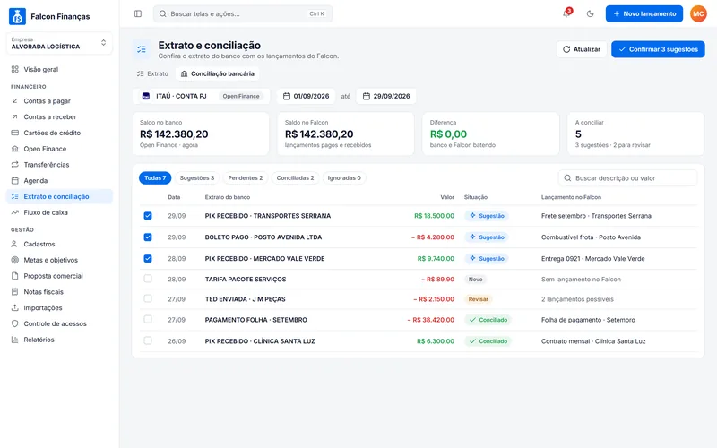 Conciliação do extrato no Falcon Finanças 3.0 (dados de demonstração)