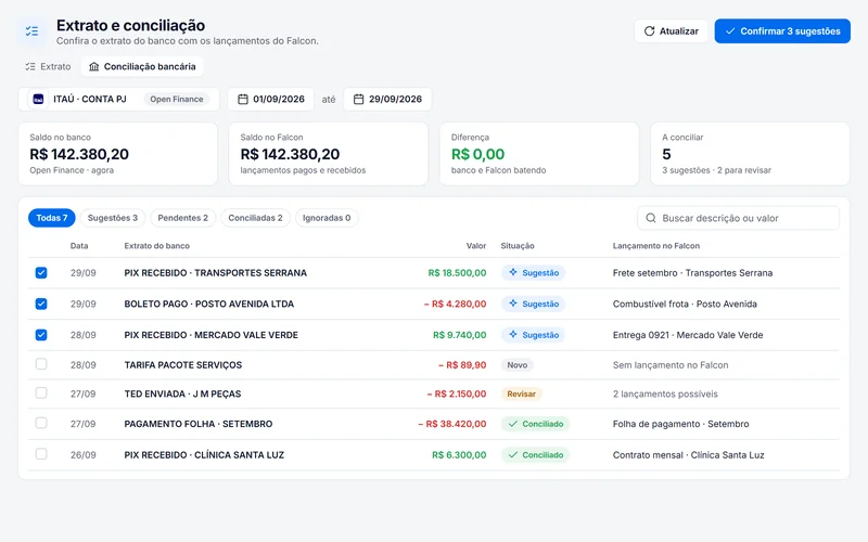Conciliação bancária do Falcon 3.0 com sugestões em lote