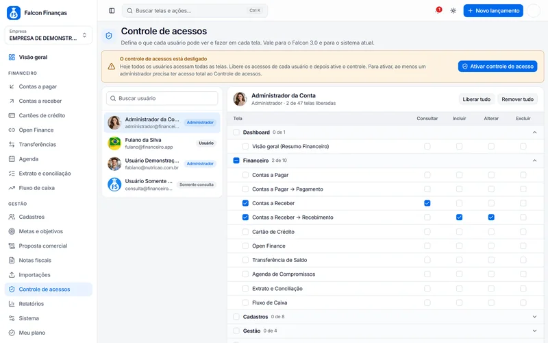 Tela de controle de acessos no Falcon Finanças 3.0