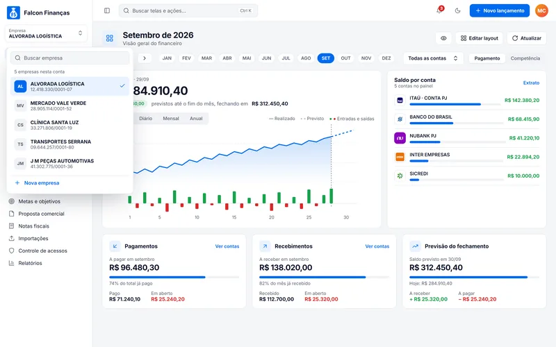 Troca de empresa no Falcon Finanças 3.0 (dados de demonstração)