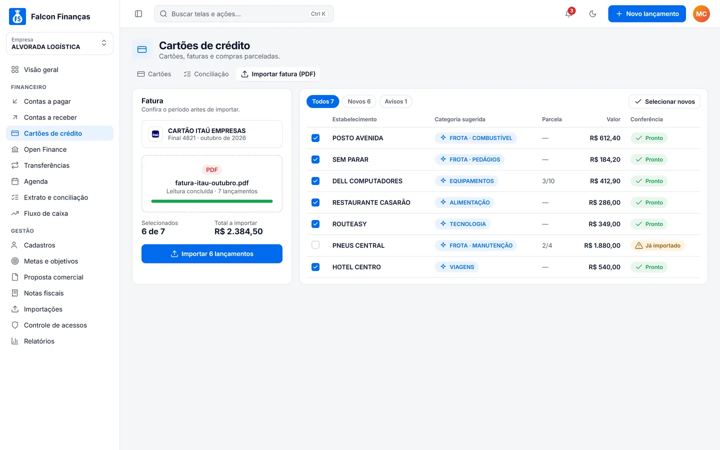 Importação da fatura do cartão em PDF no Falcon Finanças 3.0 (dados de demonstração)