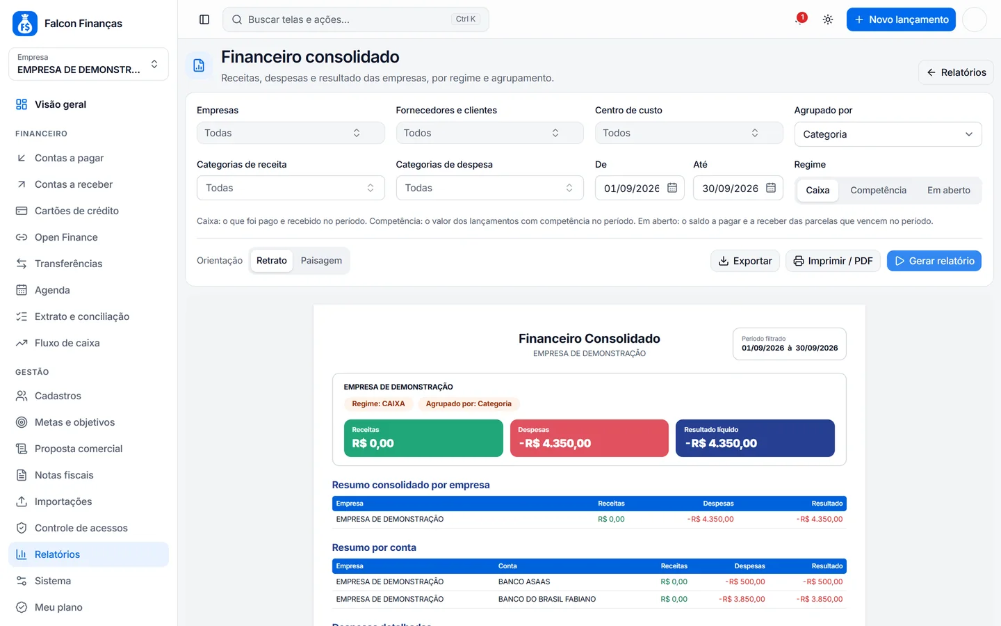 Relatório Financeiro consolidado do Falcon Finanças 3.0 com receitas, despesas e resultado por empresa e por conta
