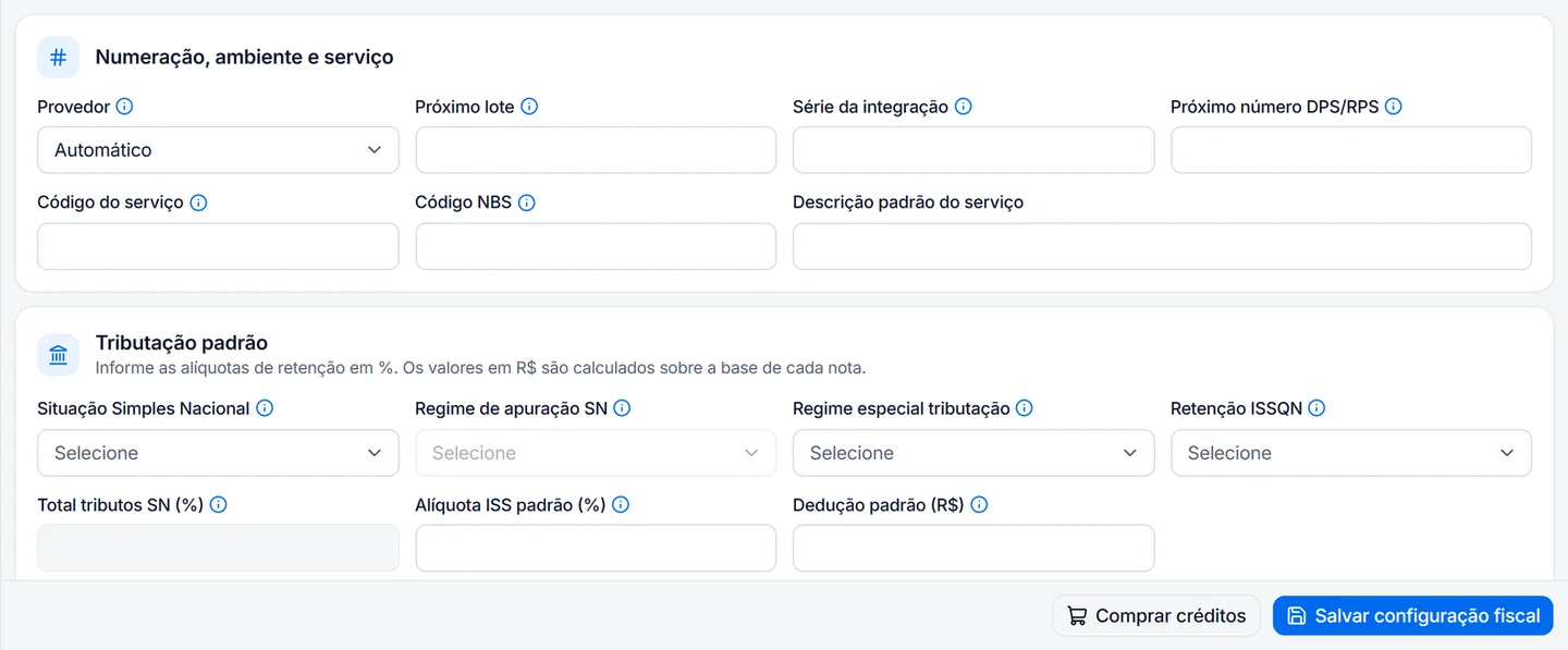 Configuração da NFS-e no Falcon Finanças 3.0 com numeração, código do serviço e tributação padrão
