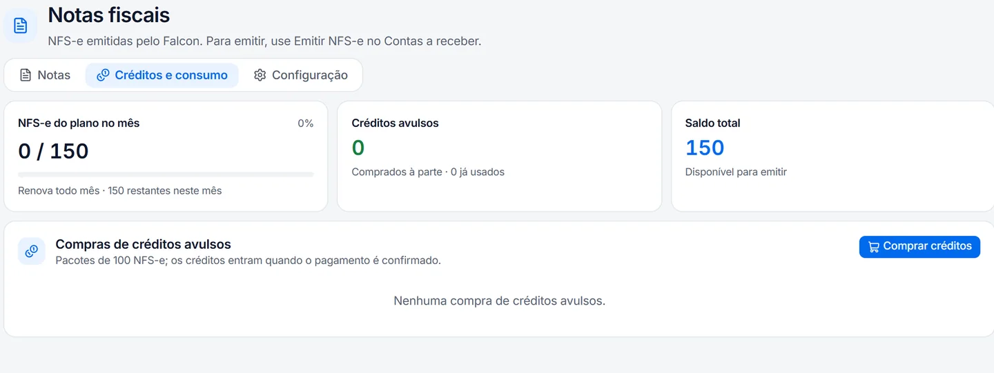 Tela de nota fiscal de serviço no Falcon Finanças 3.0