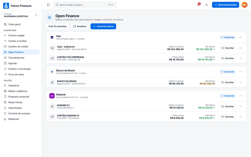 Contas e cartões conectados no Falcon Finanças 3.0 (dados de demonstração)