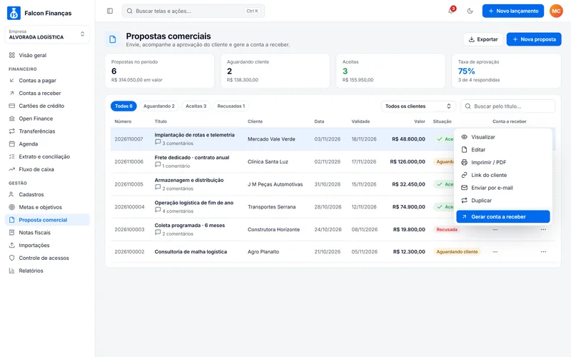 Tela de proposta comercial no Falcon Finanças 3.0