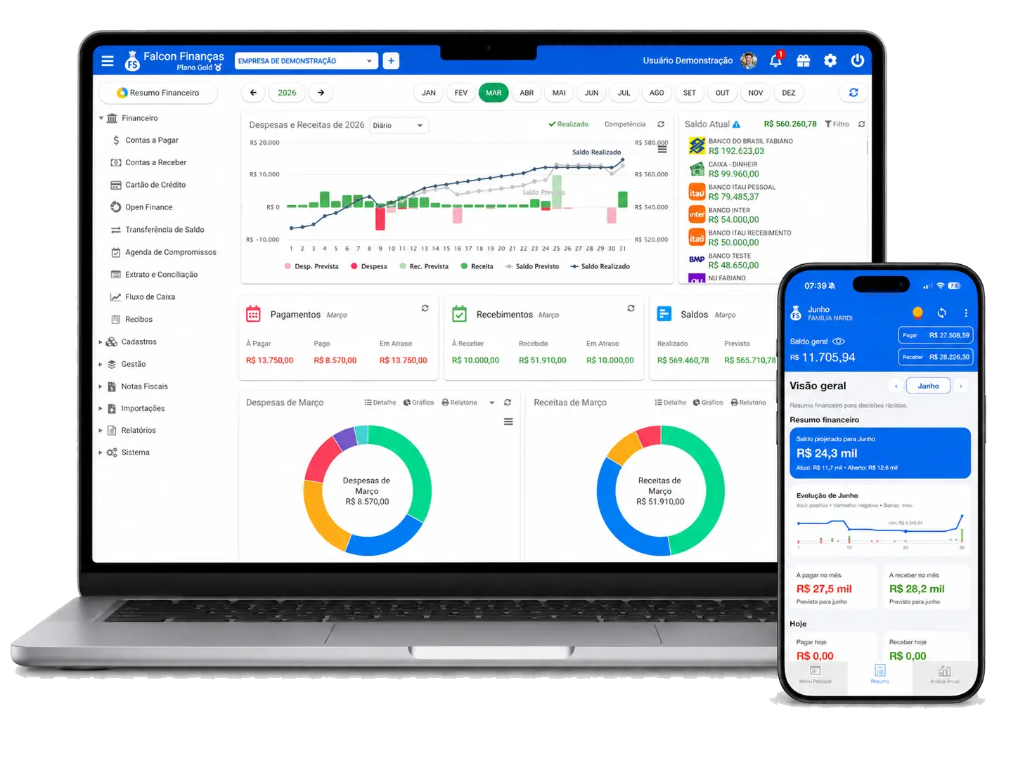 Controle financeiro empresarial no computador e celular