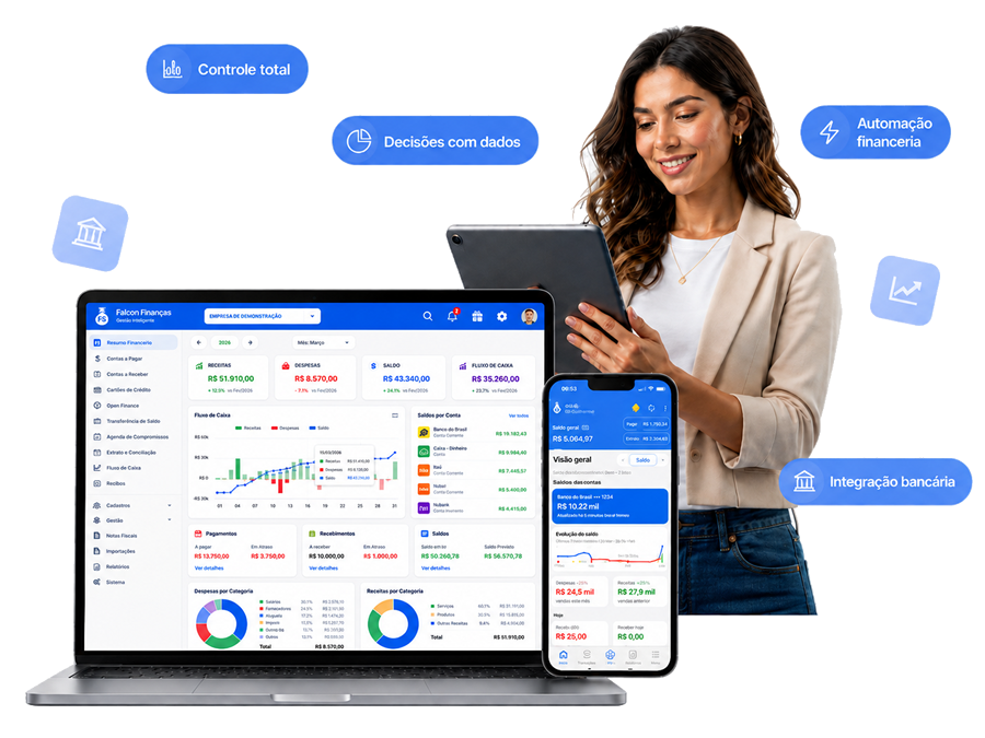 Pessoa usando o Falcon Finanças em tablet, com dashboard financeiro ao lado