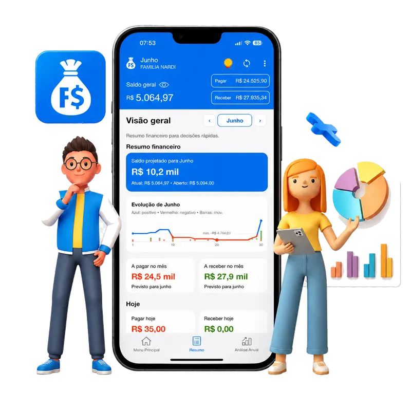 Aplicativo Falcon Finanças em celular com resumo financeiro