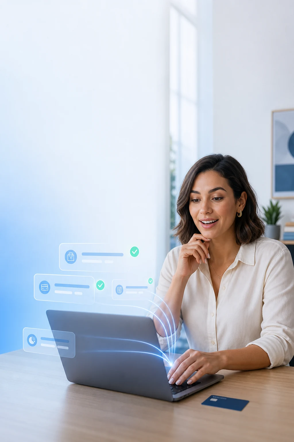 Empresária usando o Falcon Finanças com compras do cartão sincronizadas pelo Open Finance