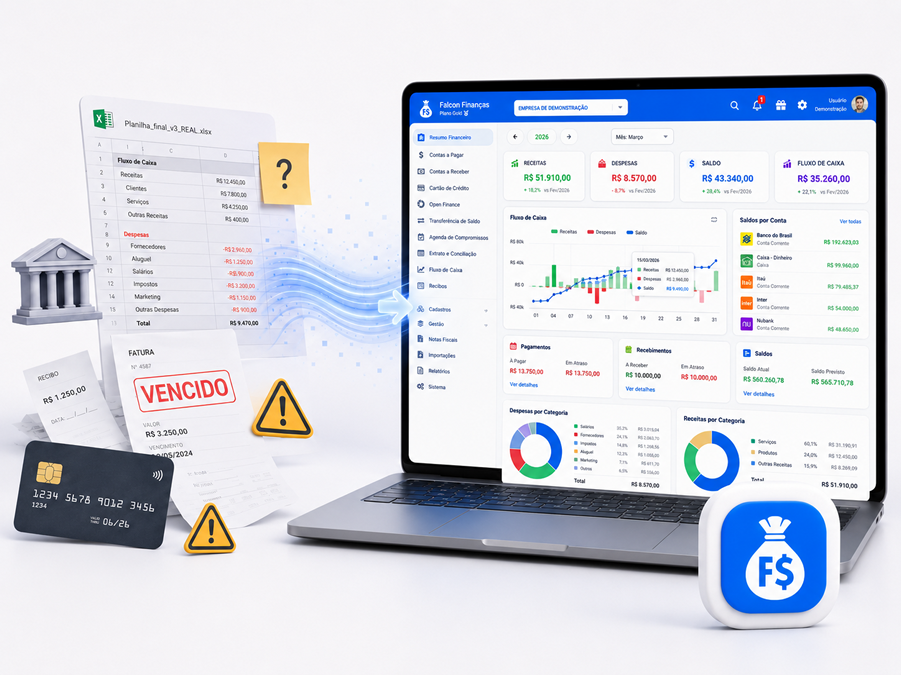 Planilha financeira sendo substituída pelo Falcon Finanças